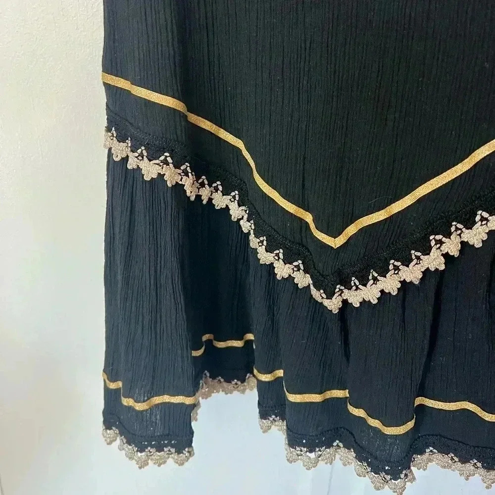 Vintage Greek Embroidered Boho Dress - Black & Gold Cotton Midi size M - Picture 6 of 10